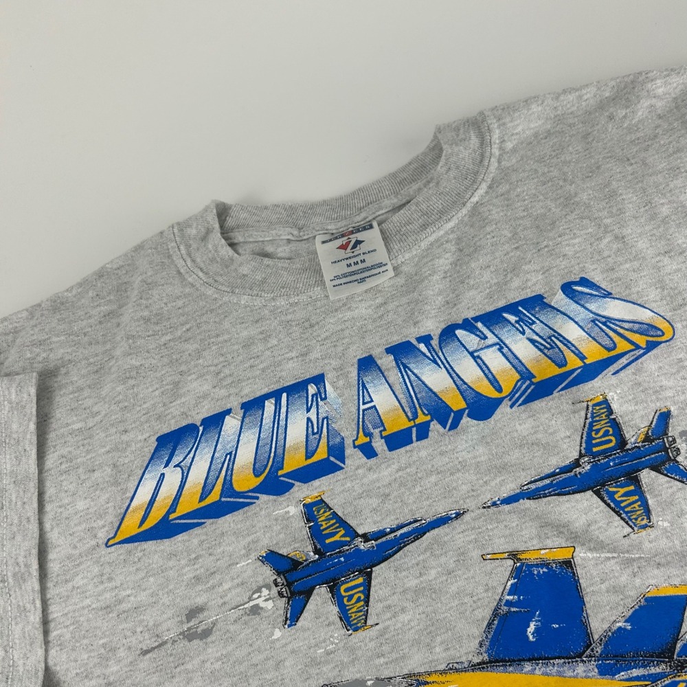 VTG Jerzees Men's M Blue Angels Wings of Gold T-Shirt Y2K Gray US Navy Jet